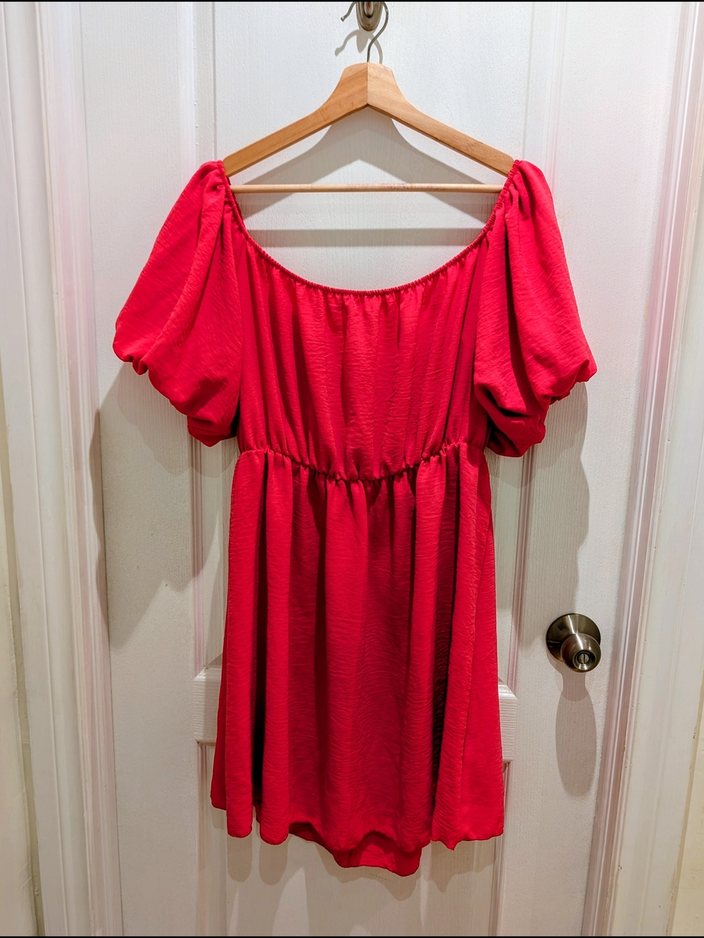 Women’s Off-Shoulder Puff Sleeve Dress in Bright Pink
